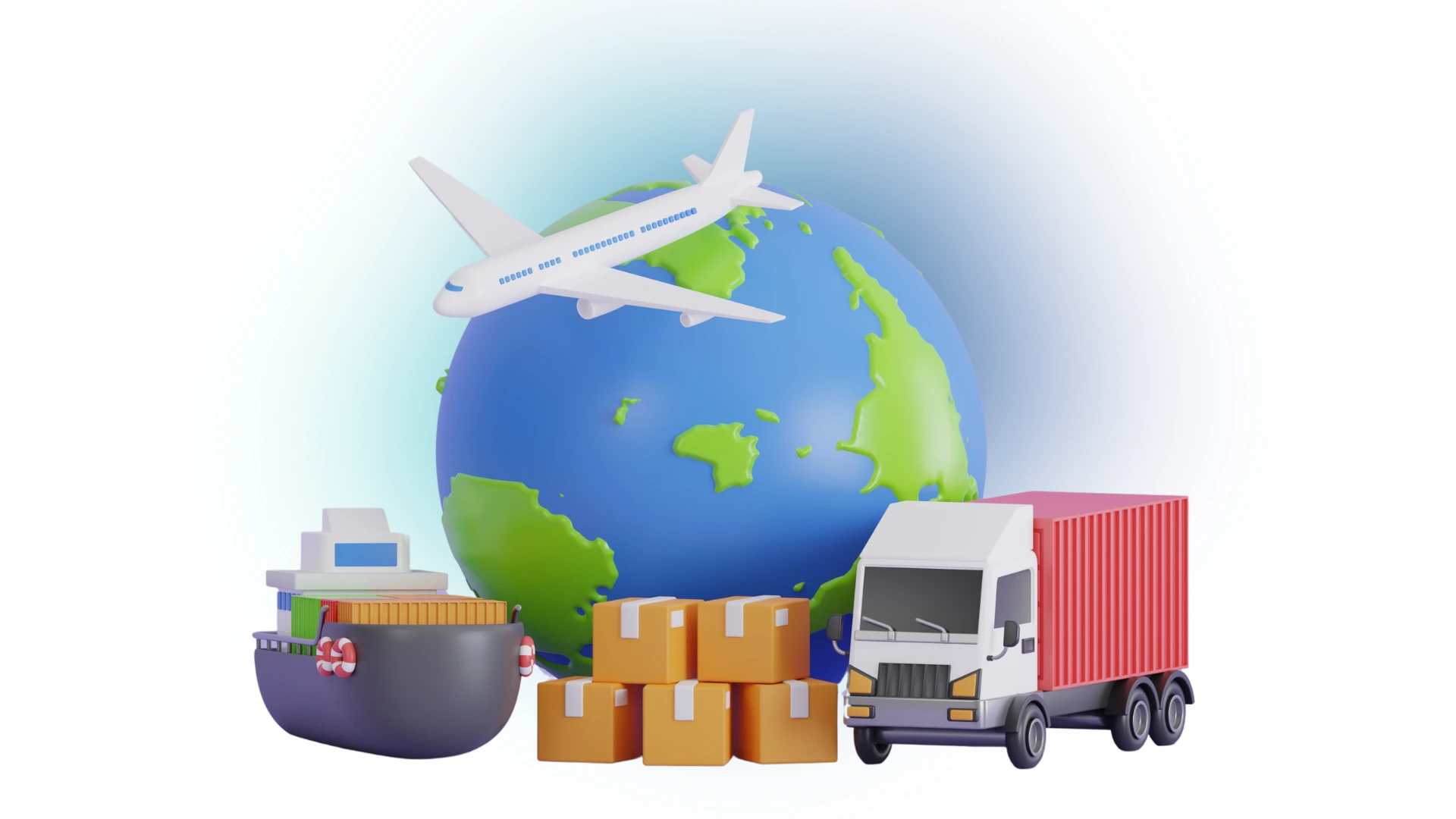  Illustration of global transportation modes: air, sea, truck, and packages around the globe