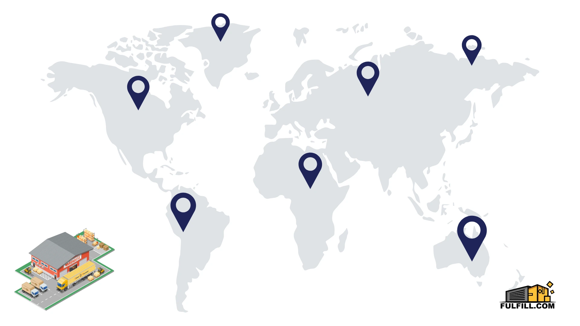 Map showing global warehouse locations with markers.