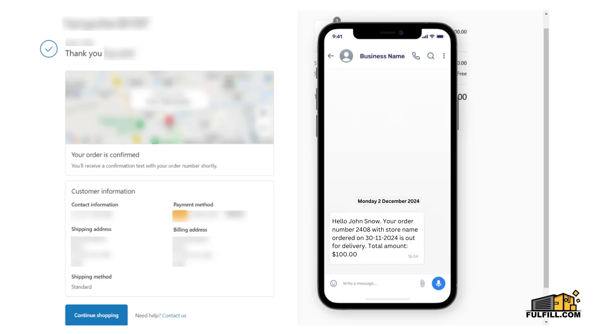 Order confirmation page with a text message tracking notification.