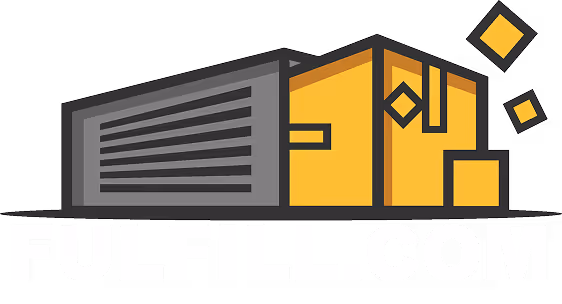Logo with a yellow and gray warehouse building and the text 'FULFILL.COM' underneath.