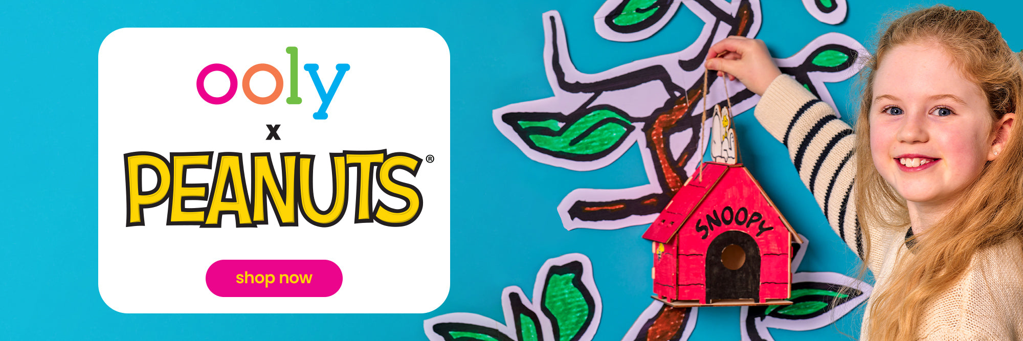 OOLY's brand identity centers around vibrant, playful creativity with a colorful and child-friendly aesthetic. The homepage features bright banner images showcasing themed collections like Peanuts activity kits and Halloween products. The design emphasizes fun, engaging visuals with product photography displaying colorful art supplies like rainbow metallic gel crayons and neon puffy pens against clean white backgrounds. Navigation tiles feature bold, colorful graphics for categories like 'New from OOLY,' 'Bestsellers,' 'Activity Kits,' and 'Color and Draw.' The brand showcases key values through circular badge graphics highlighting 'Women Owned,' 'Craftsmanship,' 'Safety Matters,' 'Designed in California,' and 'Creates Experiences.' The overall visual approach is energetic and inspiring, designed to appeal to both children and parents, with a focus on showcasing the vibrant colors and creative possibilities of their art products through clean, professional product photography and playful promotional imagery.