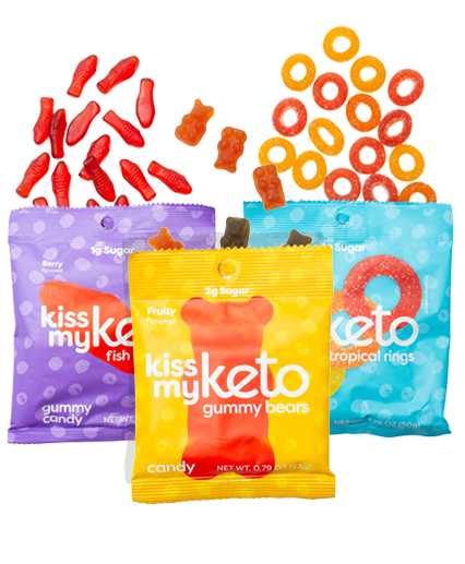 Kiss My Keto's brand identity centers around a clean, health-focused aesthetic with a playful edge reflected in their bold brand name. The homepage features a bright, appetizing layout showcasing colorful product photography of their keto-friendly snacks including gummies and granola. The design uses a modern, minimalist approach with plenty of white space and vibrant product images that emphasize the appealing nature of their low-carb alternatives. Product photography is professional and appetizing, displaying items in attractive packaging against clean backgrounds. The visual hierarchy emphasizes their key selling proposition of 'cutting carbs and kicking cravings' while maintaining an approachable, consumer-friendly tone. Retail partnership logos are prominently displayed, establishing credibility and availability across major grocery chains, reinforcing their mainstream market presence in the specialized keto food category.