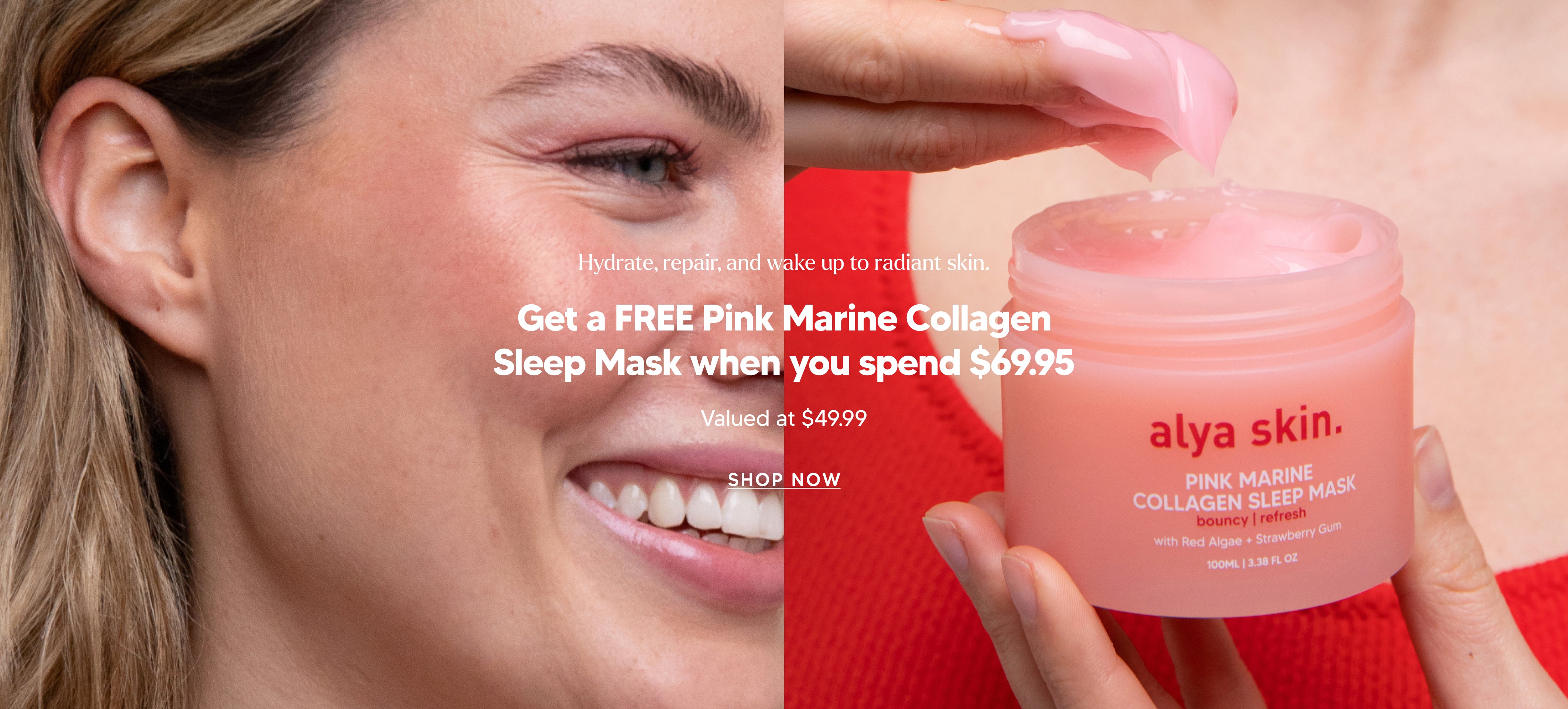 Alya Skin presents a clean, modern aesthetic with a soft color palette featuring peachy and natural tones that reflect their product ingredients. The brand's visual identity emphasizes simplicity and freshness, with product images showcasing creamy textures and natural berry-inspired colors. The homepage design features a minimalist layout with prominent promotional banners highlighting free shipping and gift offers. Product photography displays items against clean white backgrounds, emphasizing the brand's approachable and gentle skincare philosophy. The overall design language suggests accessibility and natural beauty, with clear typography and organized product displays that make navigation intuitive for customers seeking effective yet gentle skincare solutions.