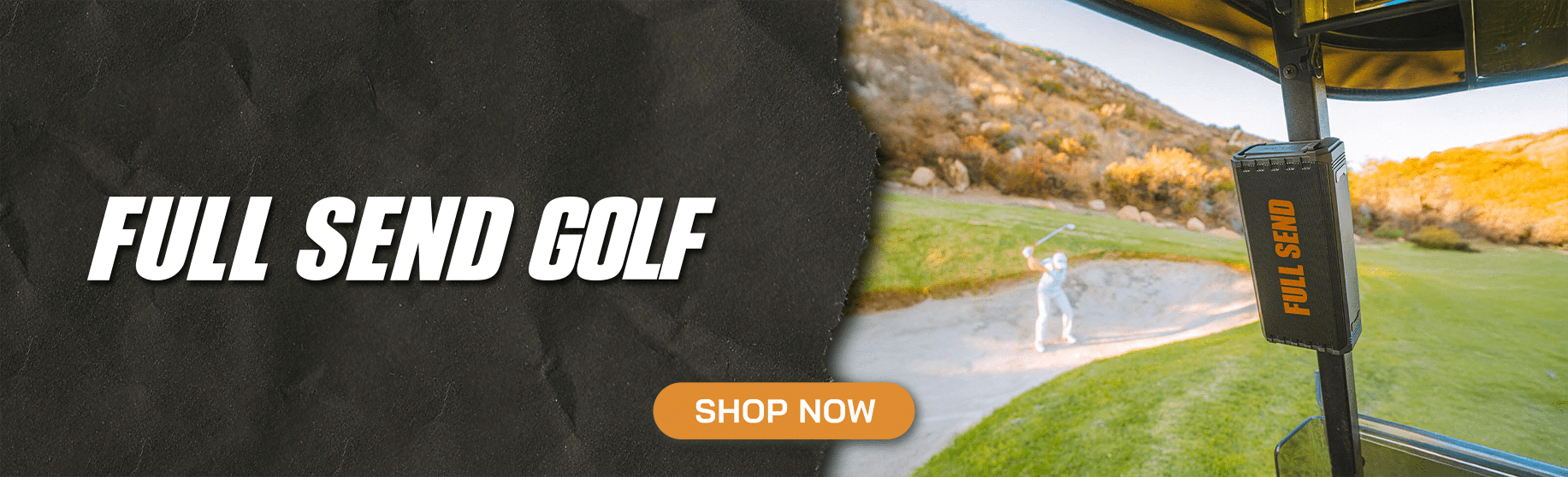 Full Send's brand identity revolves around bold, high-energy visuals with a strong emphasis on golf culture. The homepage features large banner images showcasing their golf collections with prominent camo patterns in orange and black colorways. The design aesthetic is masculine and aggressive, incorporating military-inspired camo prints across their golf bags and apparel. Product imagery is clean and professional, displaying items like golf stand bags and striped polos against neutral backgrounds. The brand uses a mix of vibrant colors including orange, black, navy, red, and turquoise. The overall visual approach suggests a lifestyle brand that appeals to younger, more adventurous golfers who want to stand out. The layout is modern and product-focused, with large hero banners promoting different collections including collaborations with UFC, emphasizing the brand's edgy, action-sports crossover appeal.