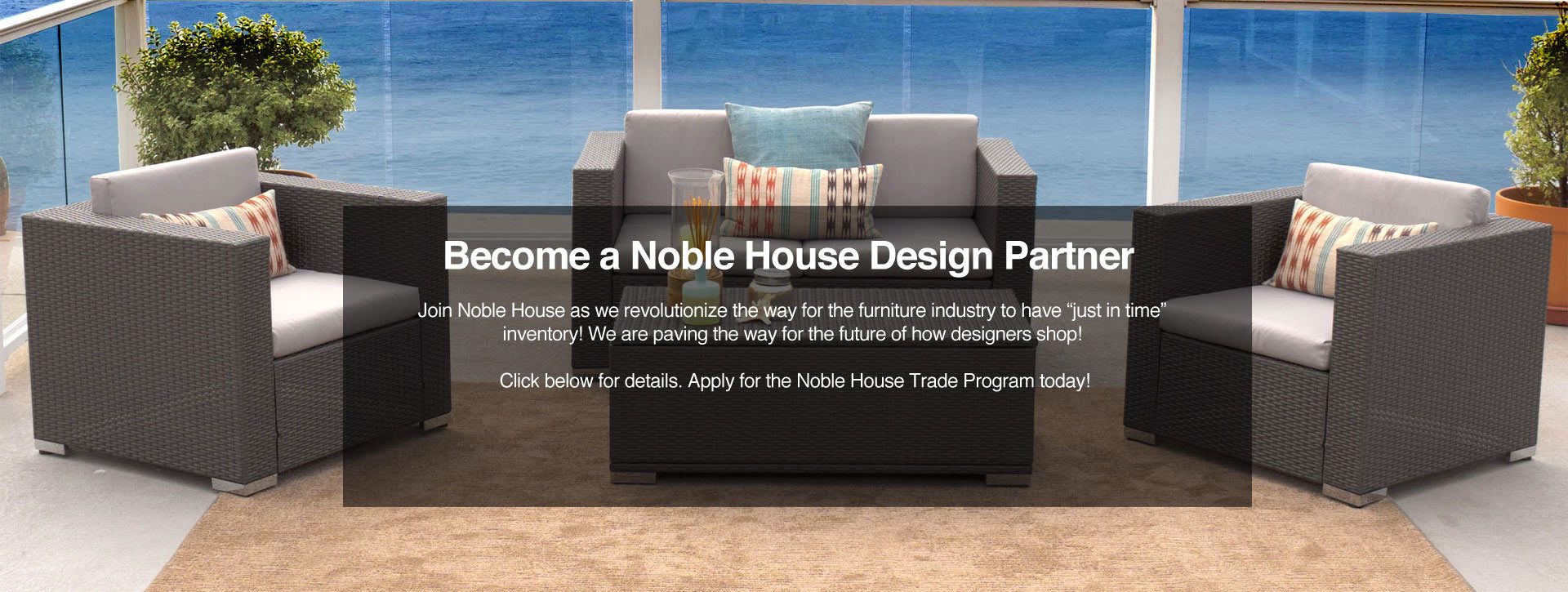 Noble House Home Furnishings presents a clean, professional e-commerce website with a slideshow-based homepage featuring high-quality lifestyle imagery. The site showcases outdoor comfort scenes with fire tables and modern dining rooms with mid-century furniture styling. Product photography emphasizes contemporary design aesthetics with neutral color palettes. The layout follows a traditional retail format with clear navigation, product grids, and promotional banners. Images feature well-staged furniture in both indoor and outdoor settings, highlighting the versatility of their collections. The overall visual identity conveys sophistication and quality, targeting consumers interested in stylish, functional furniture for modern living spaces.
