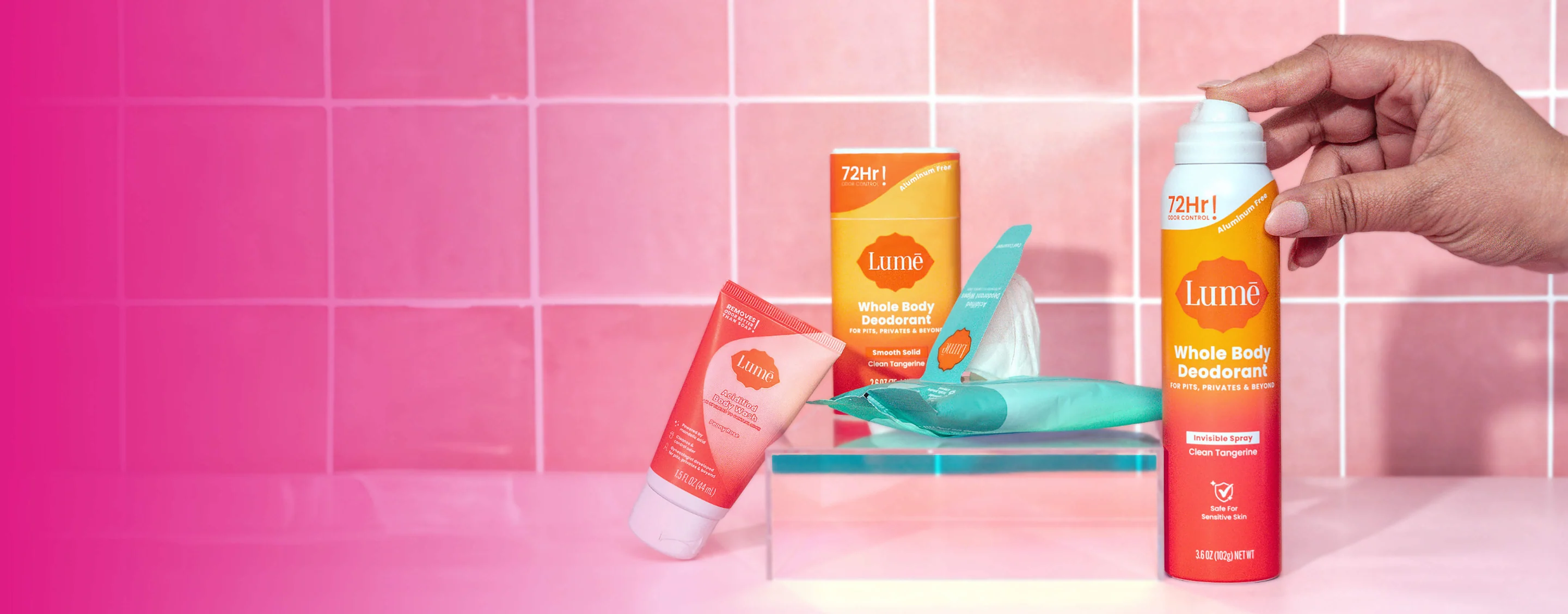 Lume's brand identity features a clean, modern aesthetic with a focus on health and wellness. The homepage showcases bright, professional product photography against clean backgrounds, emphasizing the medical credibility and effectiveness of their deodorant line. The hero banner displays their products prominently with bold typography stating 'We Made A Better Deodorant For Pits, Privates & Beyond.' The visual design incorporates soft, approachable colors with pink accents seen in lifestyle imagery featuring diverse customers. Product category grids show organized, clinical-style packaging that reinforces the doctor-developed positioning. Customer testimonial sections feature authentic video thumbnails of real users, adding credibility. The overall design balances medical authority with accessible, friendly branding that makes personal hygiene topics approachable and destigmatized.