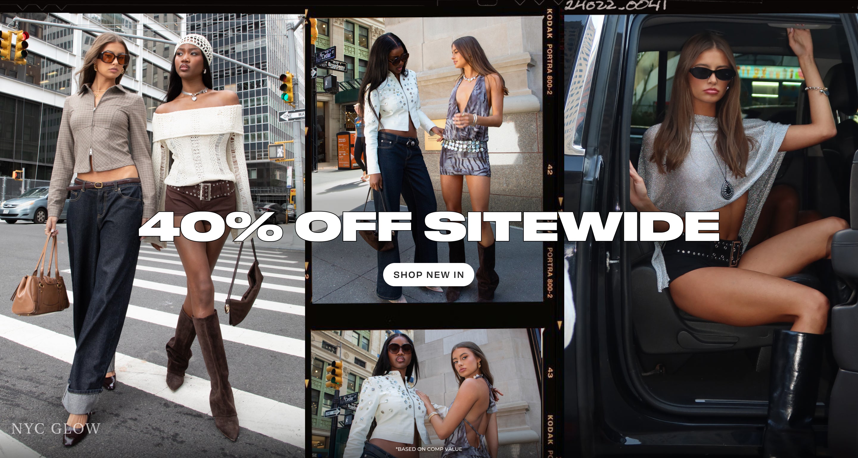 Edikted's website features a sleek, modern e-commerce design with a clean layout optimized for fashion retail. The homepage showcases large, high-quality product photography with models wearing trendy outfits against stylized backgrounds. The visual identity emphasizes contemporary fashion through lifestyle imagery featuring young women in various settings. The site uses a sophisticated color palette with prominent promotional banners advertising sales (50% off sitewide, 70-80% off items). Product categories are clearly displayed through attractive grid layouts with hover effects. The overall aesthetic is polished and commercial, designed to appeal to young, fashion-conscious consumers. Navigation is streamlined with clear call-to-action buttons and promotional messaging strategically placed throughout. The brand maintains visual consistency across desktop and mobile versions, with responsive design elements that adapt seamlessly to different screen sizes.