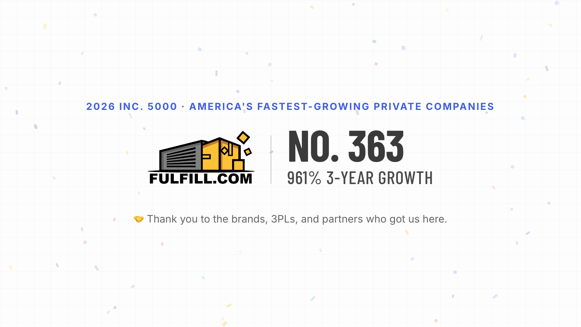 Fulfill.com 2026 Inc. 5000 honoree: No. 363, 961% three-year growth