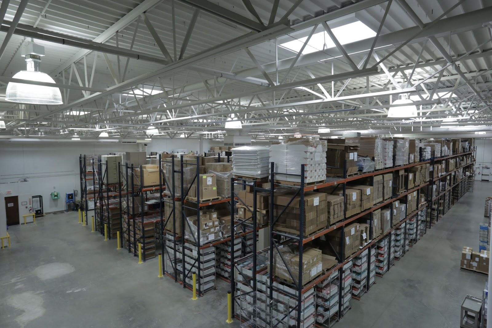 Stocked pallet racking inside DeliverZen's 40,000 square foot warehouse in Irving, Texas