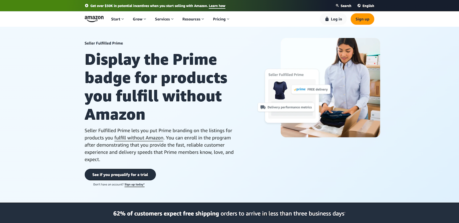 Amazon's Seller Fulfilled Prime program page: display the Prime badge for products you fulfill without Amazon