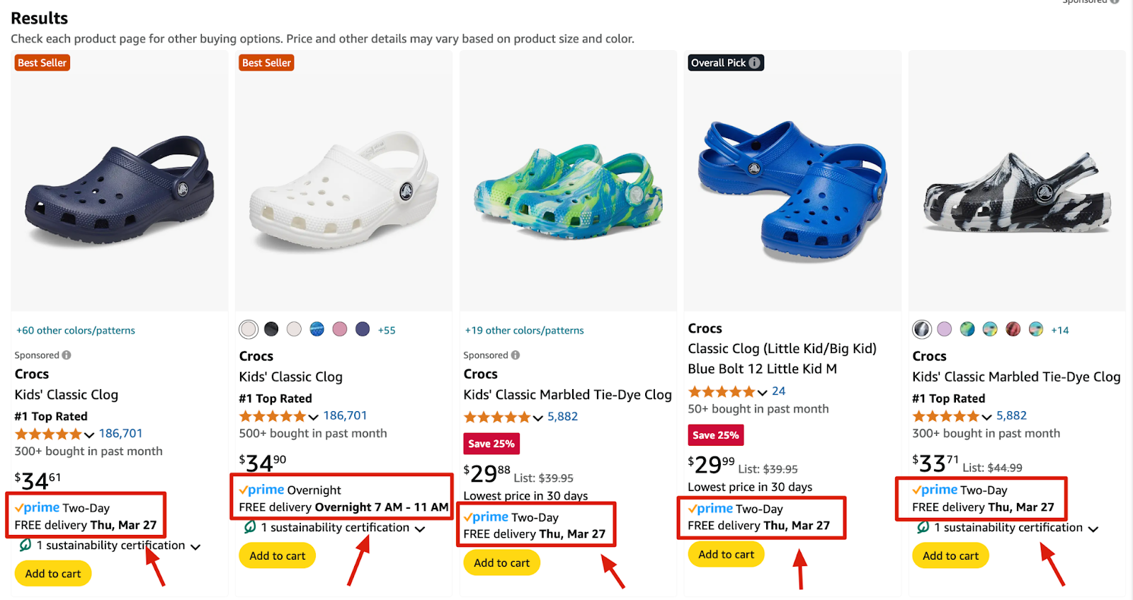 Amazon search results showing Prime Two-Day and Overnight delivery promises on each listing