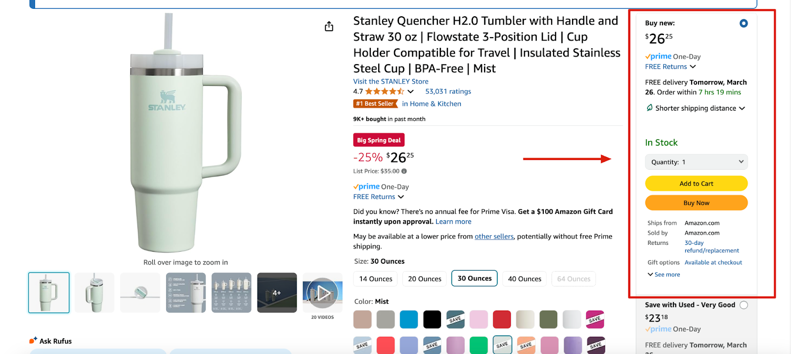 Amazon product page with the Prime One-Day badge and delivery promise in the featured offer box