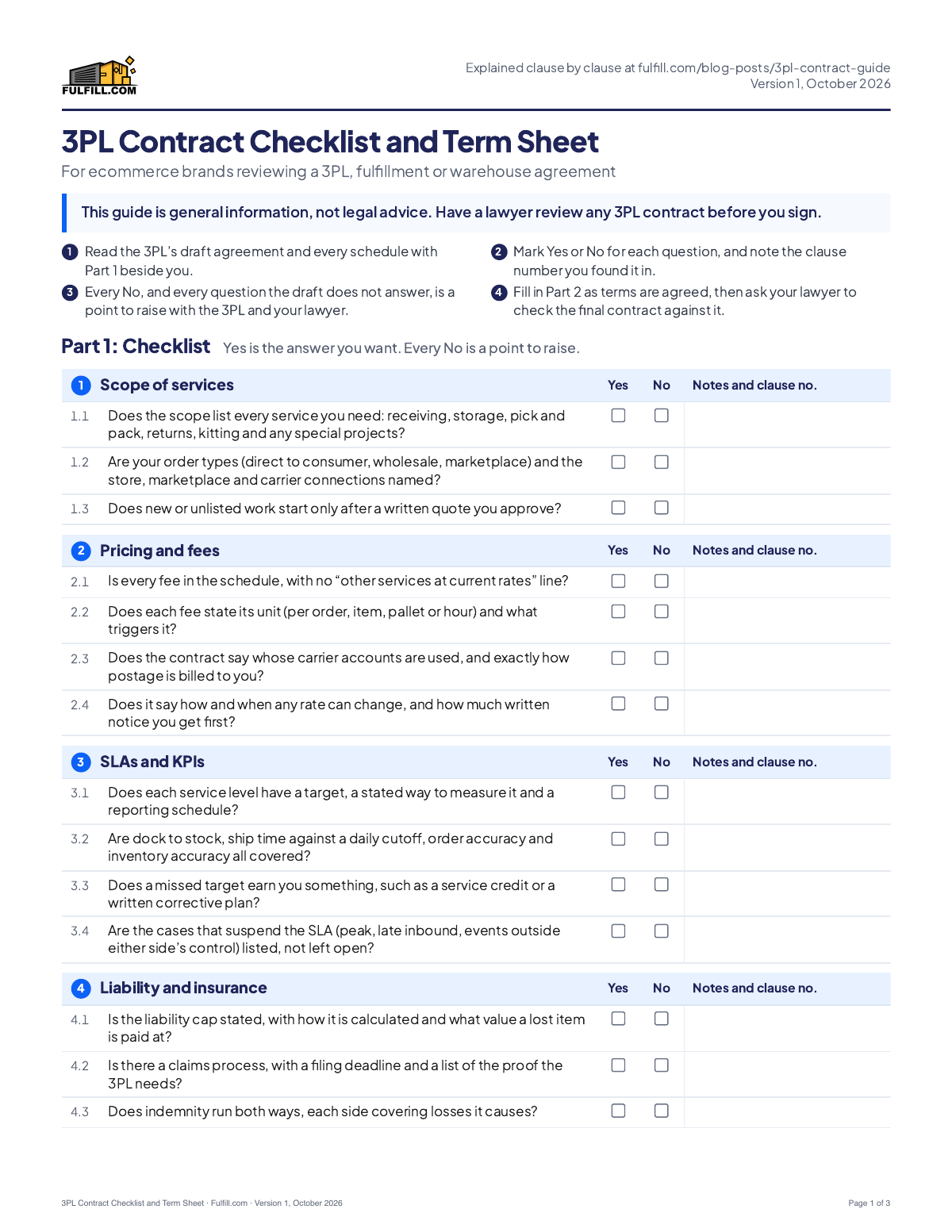 Page 1 of the Fulfill.com 3PL contract checklist: yes-or-no questions on scope, pricing and service levels