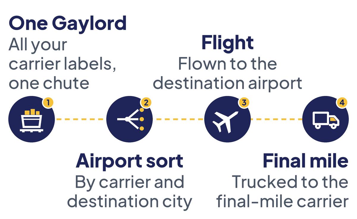 How a ClearJet label moves: 1. One Gaylord: all your carrier labels go in one Gaylord, one chute. 2. Airport sort: ClearJet's machines sort by carrier and destination city. 3. Flight: parcels fly to the destination airport. 4. Final mile: ClearJet trucks them to the final-mile carrier.