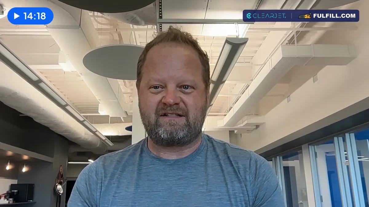 Chris Guggenheim, CEO of ClearJet, explaining how a 3PL can put all its carrier labels in one Gaylord. Plays the interview at 14:18.